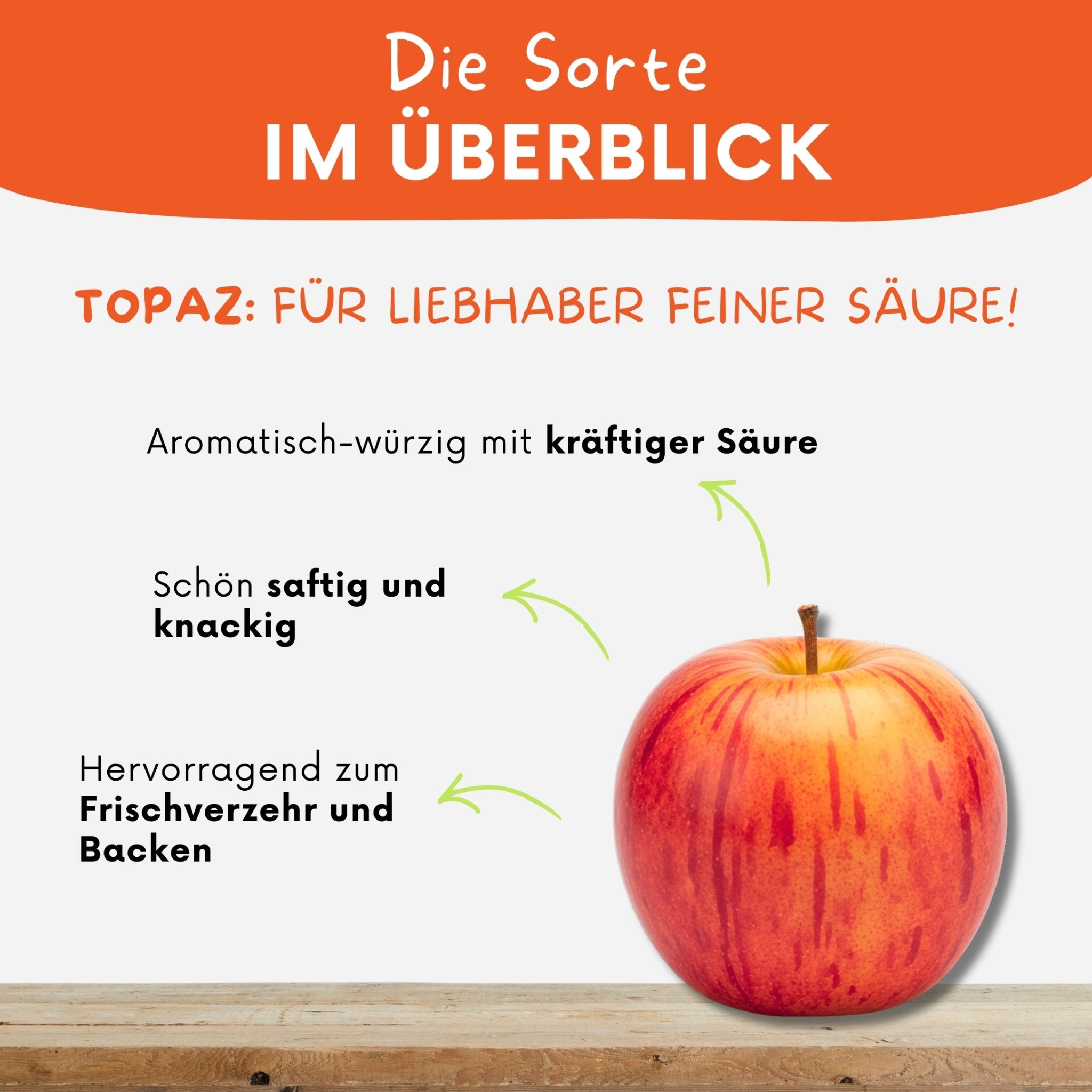 Steckbrief zur Sorte Topaz - aromatisch-würzig mit kräftiger Säure und hervorragend zum Frischverzehr und Backen