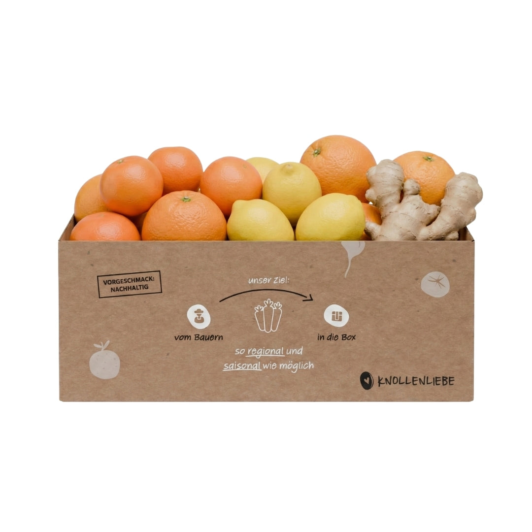 Knollenliebe Vitamin-Box mit einer Auswahl an frischen Zitrusfrüchten und Ingwer für Säfte, Tees und vitaminreiche Snacks