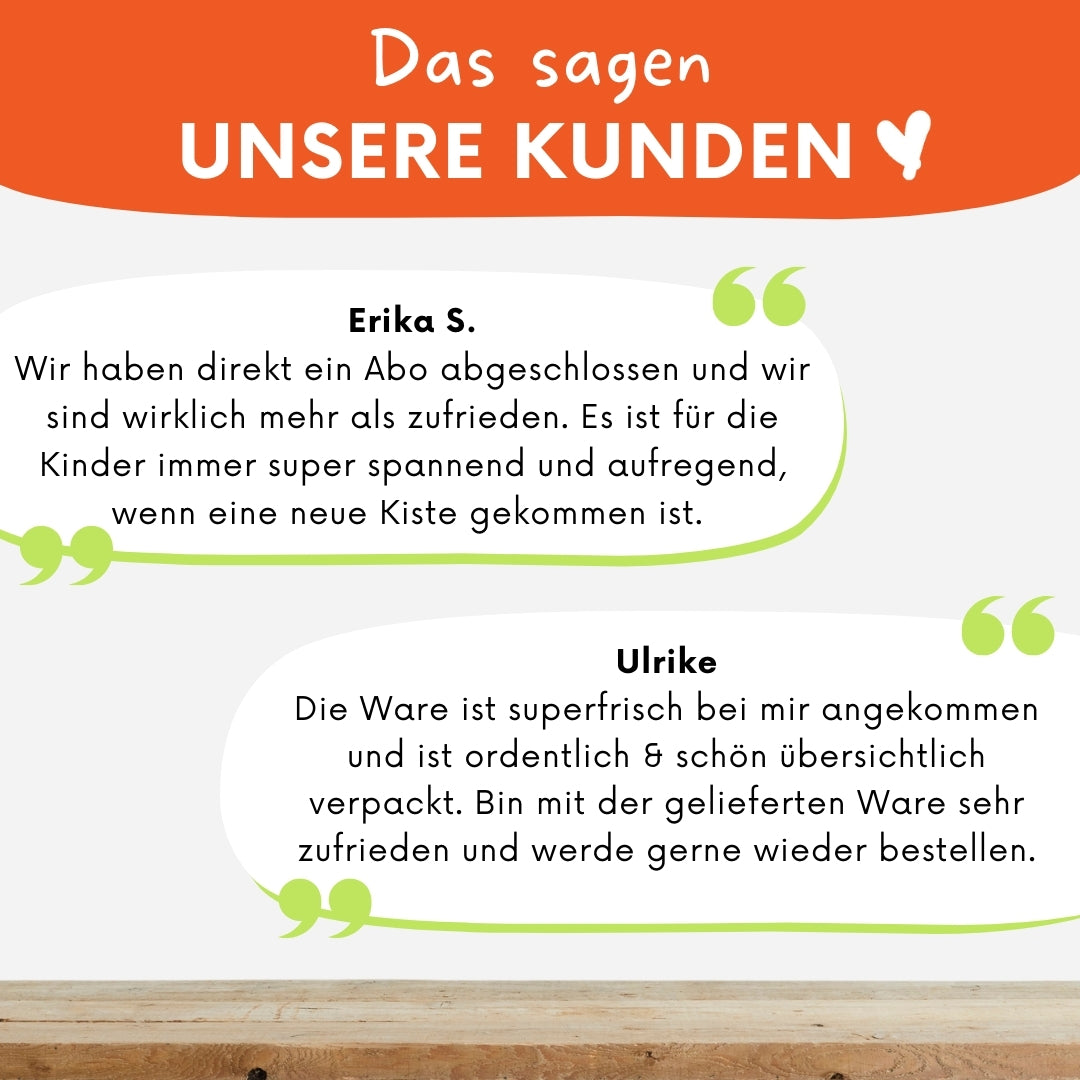 Knollenliebe Kundenstimmen: Eine Collage aus verschiedenen Nachrichten, in denen Kunden die Qualität und den Geschmack der Mix-Box loben