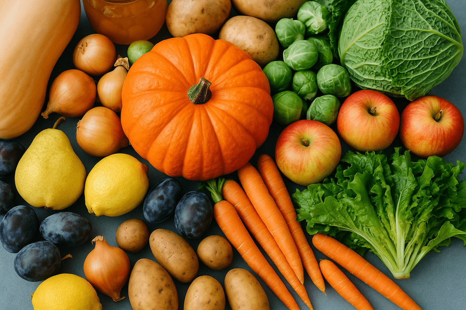 Ansprechendes Obst und Gemüse apettitlich präsentiert.