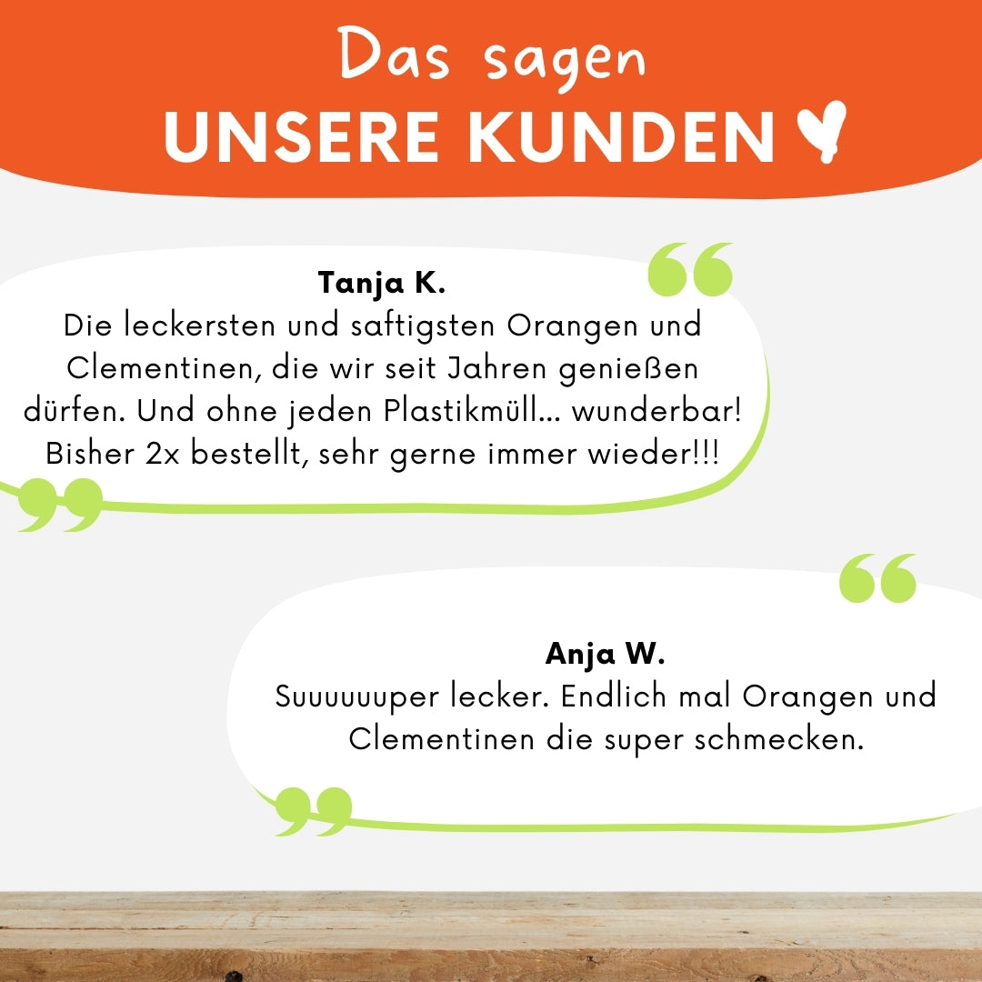 Knollenliebe Kundenstimmen: Eine Collage aus verschiedenen Nachrichten, in denen Kunden die Qualität und den Geschmack der Orangen-Clementinen-Box loben