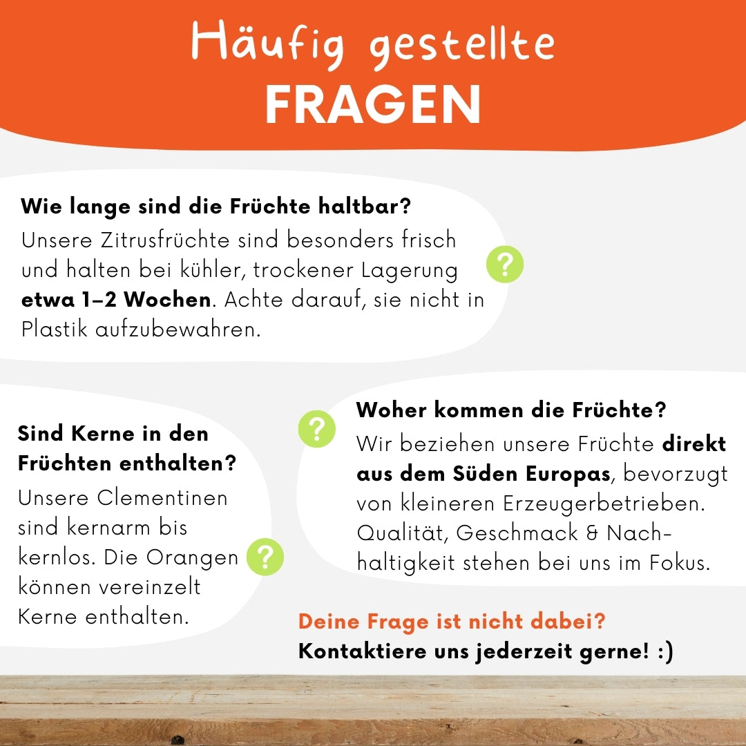 Knollenliebe Kundenstimmen: Eine Collage aus verschiedenen Nachrichten, in denen Kunden Fragen zur Orangen-Clementinen-Box stellen