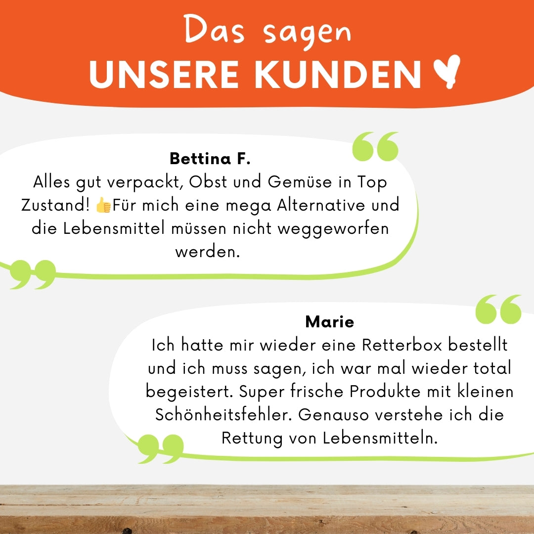 Knollenliebe Kundenstimmen: Eine Collage aus verschiedenen Nachrichten, in denen Kunden die Qualität und den Geschmack der Retter-Box loben