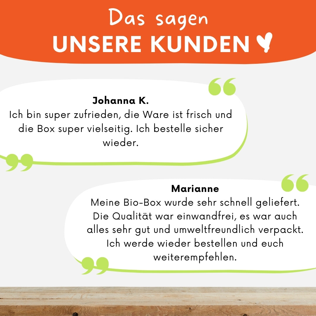 Knollenliebe Kundenstimmen: Eine Collage aus verschiedenen Nachrichten, in denen Kunden die Qualität und den Geschmack der Bio-Box loben