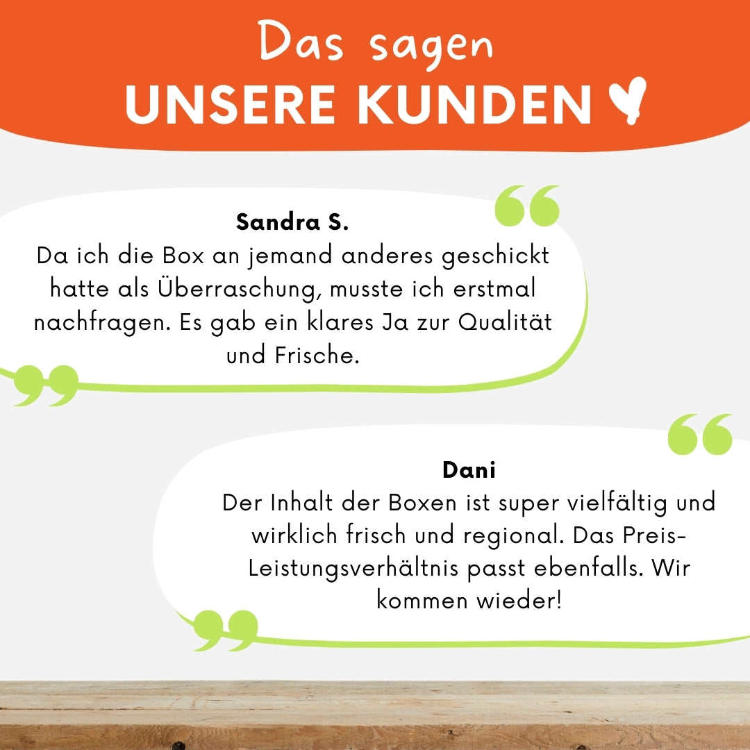 Knollenliebe Kundenstimmen: Eine Collage aus verschiedenen Nachrichten, in denen Kunden die Qualität und den Geschmack der Heimat-Box loben