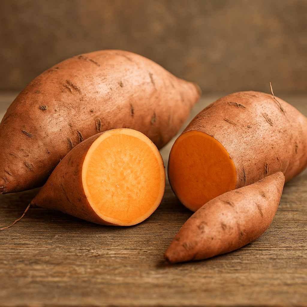 Nahaufnahme von zwei Süßkartoffeln