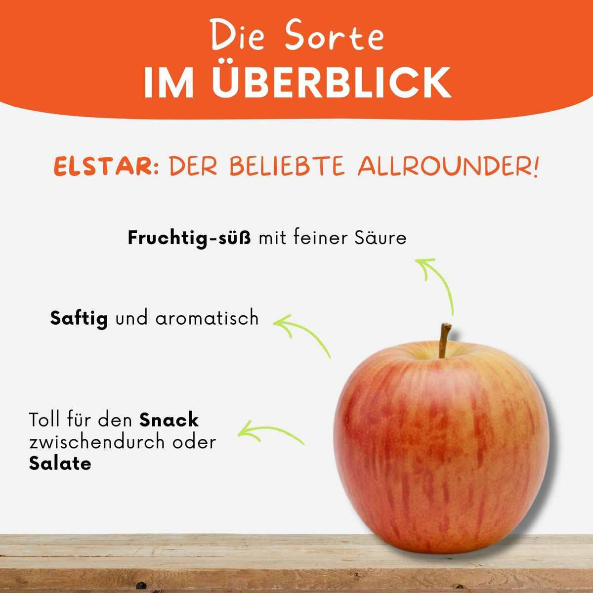 Steckbrief zur Sorte Elstar - fruchtig-süß mit feiner Säure, saftig und toll für den Snack oder Salate