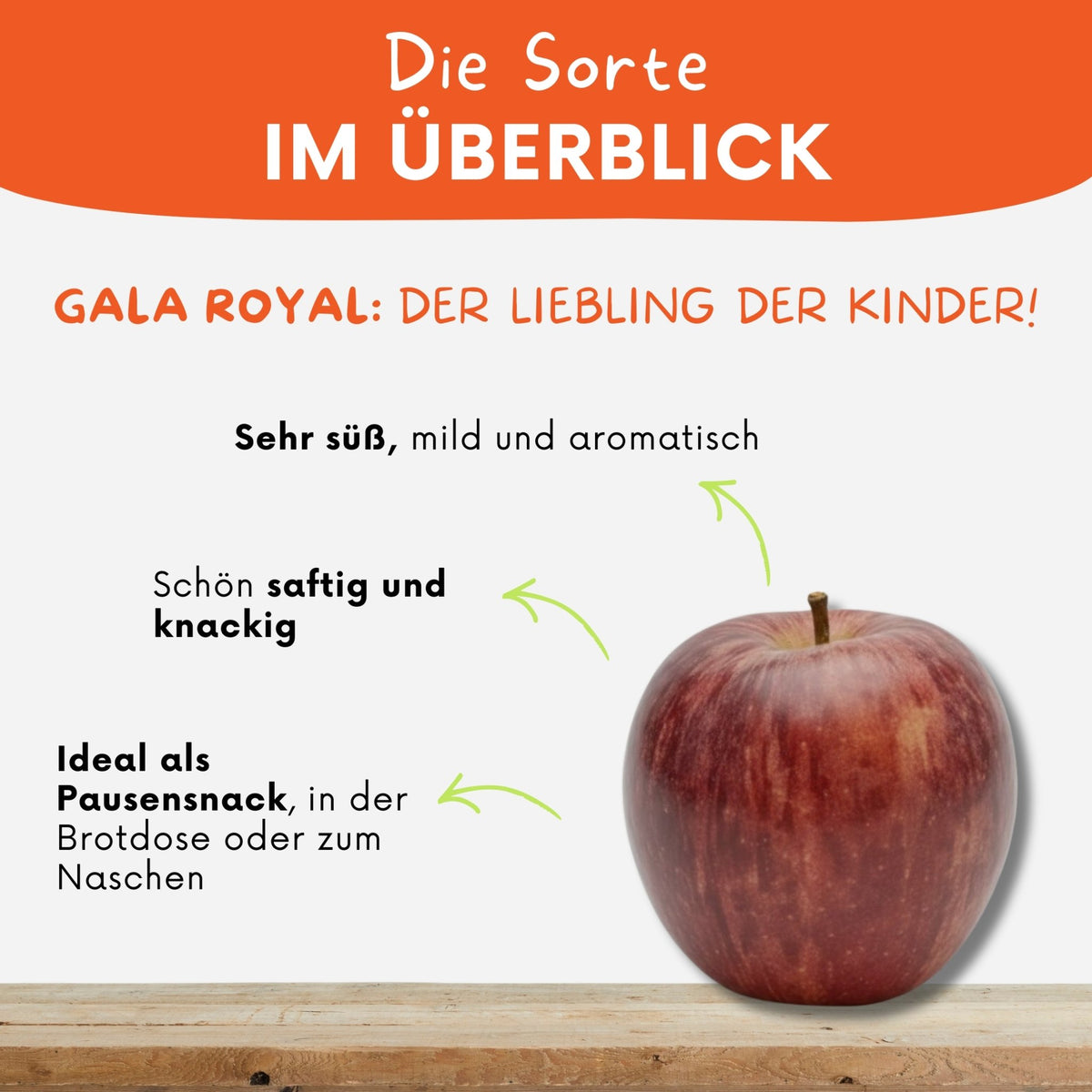 Steckbrief zur Sorte Gala-Royal - sehr süß, mild und ideal als Pausensnack