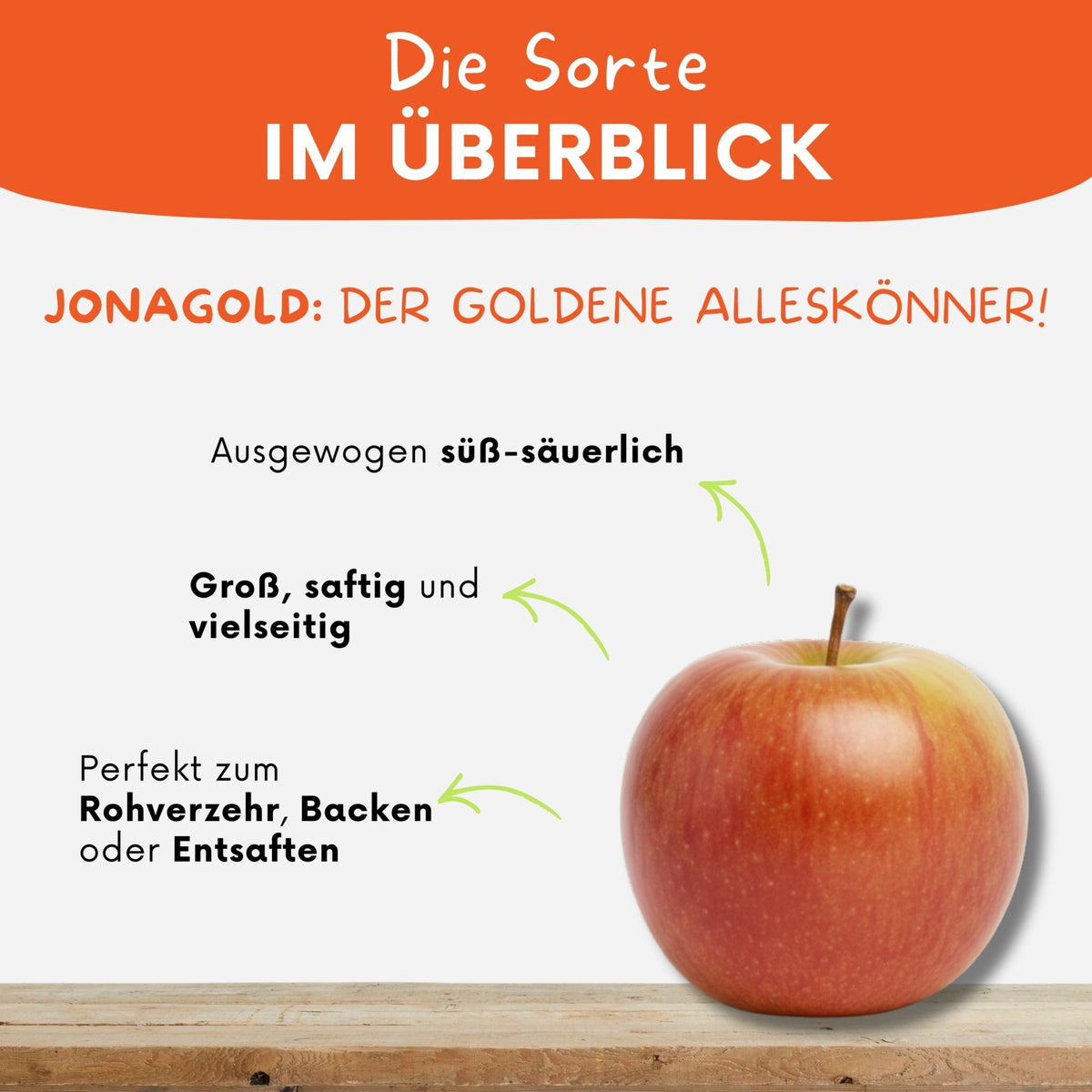 Steckbrief zur Sorte Jonagold - ausgewogen süß-säuerlich und perfekt zum Rohverzehr, Backen oder Entsaften 