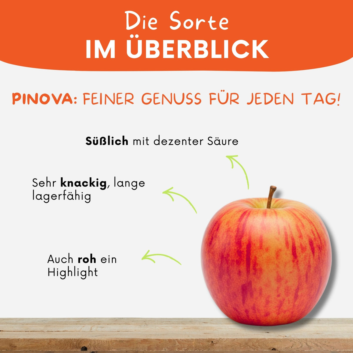 Steckbrief zur Sorte Pinova – süßlich mit dezenter Säure und sehr knackig 
