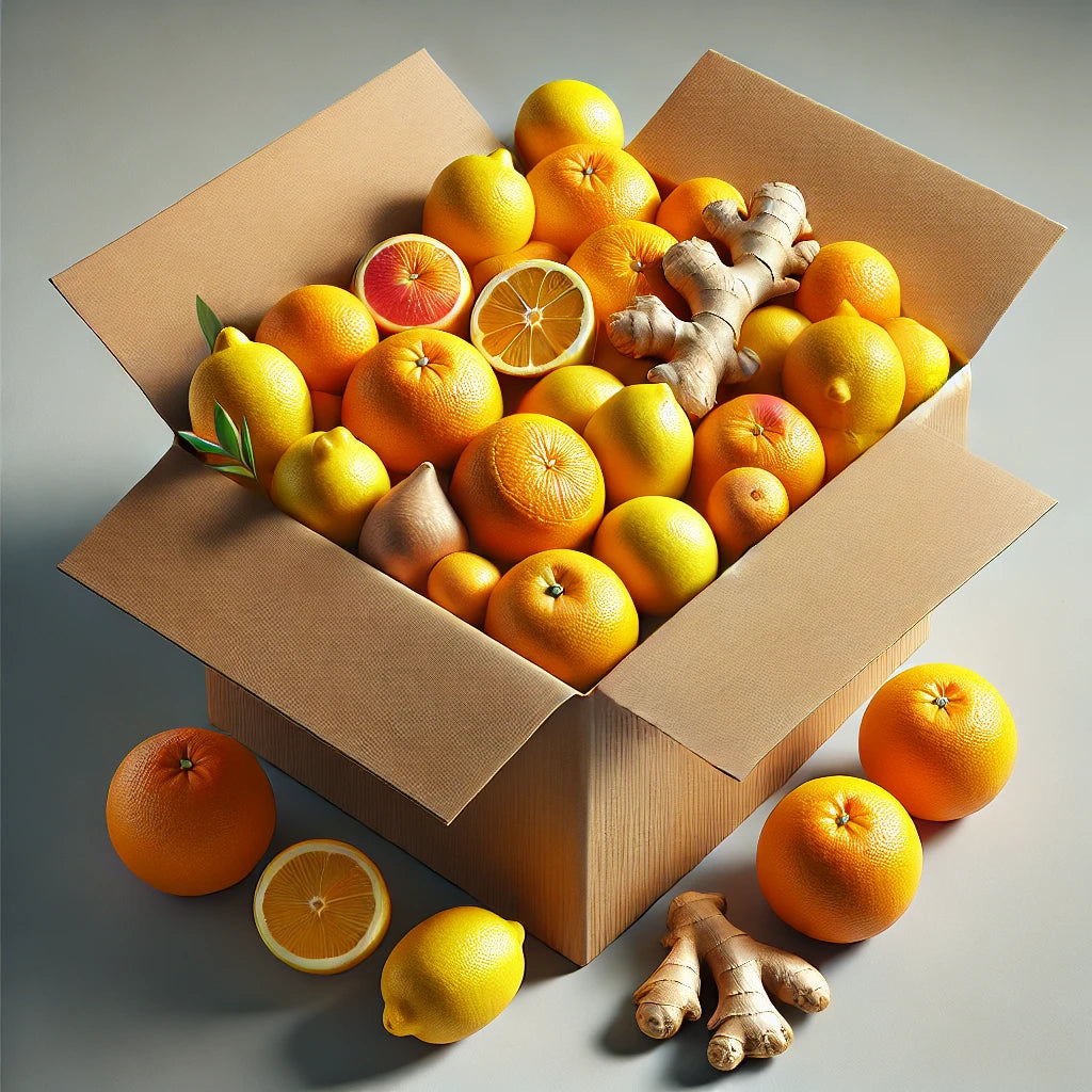 Knollenliebe Orangenbox mit frischen Orangen, Zitronen & Ingwer – ideal für Säfte & Tees