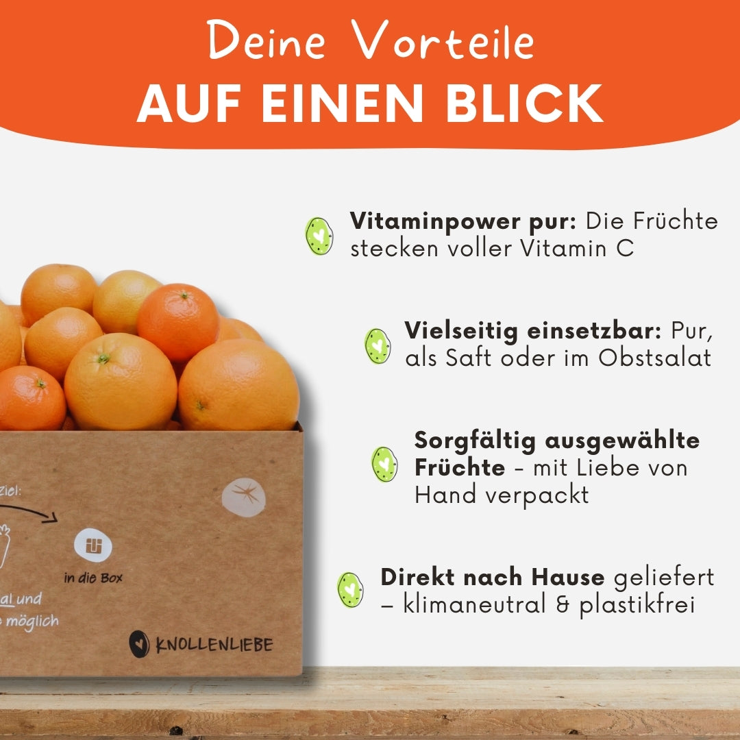 Grafische Darstellung der Vorteile einer Orangen-Clementinen-Box von Knollenliebe